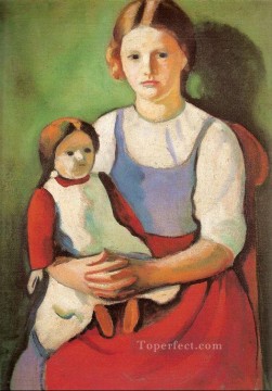 ブロンドの女の子と人形 ブロンド・マドチェンム・イット・プッペ・オーガスト・マッケ Oil Paintings